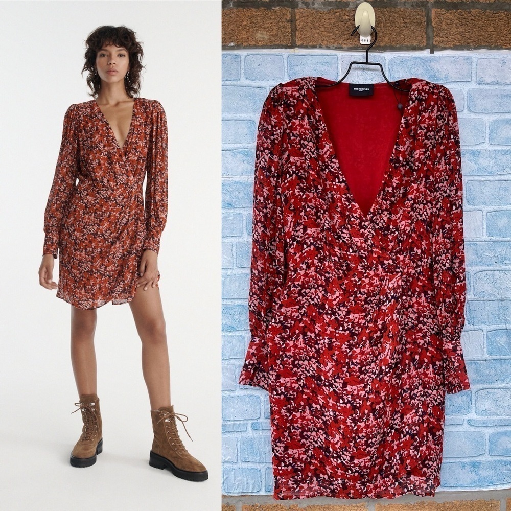 The Kooples Red Floral Whimsigoth Silk Long Sleeve Mini Dress Size 0